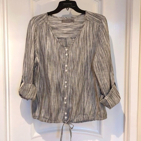 209WST38  Gray/Blue Striped Blouson Button Front Linen Top  Size 8 - Picture 6 of 9